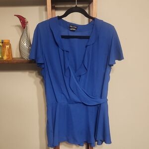 City Chic Blue Ruffled Wrap Short Sleeve Blouse